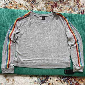 NEW Free Press Sweatshirt Womens L Gray Rainbow Accent Long Sleeve Crew Neck NWT